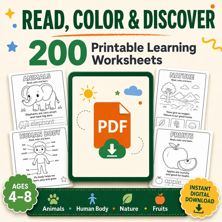 Read, Color & Discover – 200 Printable Learning Worksheets for Kids Ages 4–8