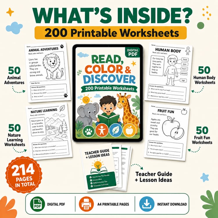Read, Color & Discover – 200 Printable Learning Worksheets for Kids Ages 4–8