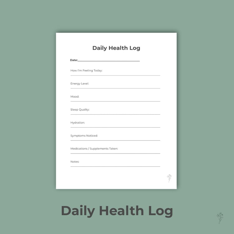 “Styled Daily Health Log printable with sage background and black borders.