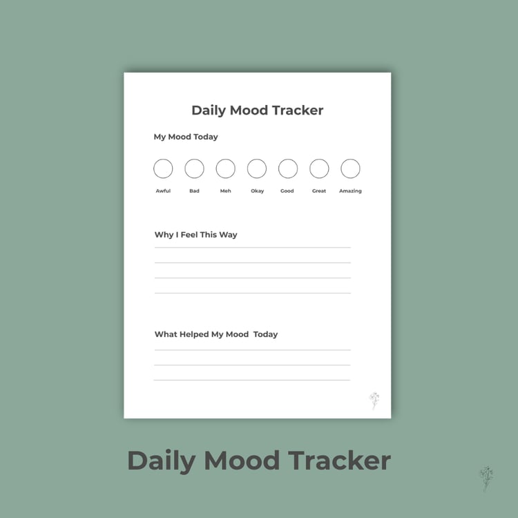 “Styled Daily Mood Tracker printable with sage background and black borders
