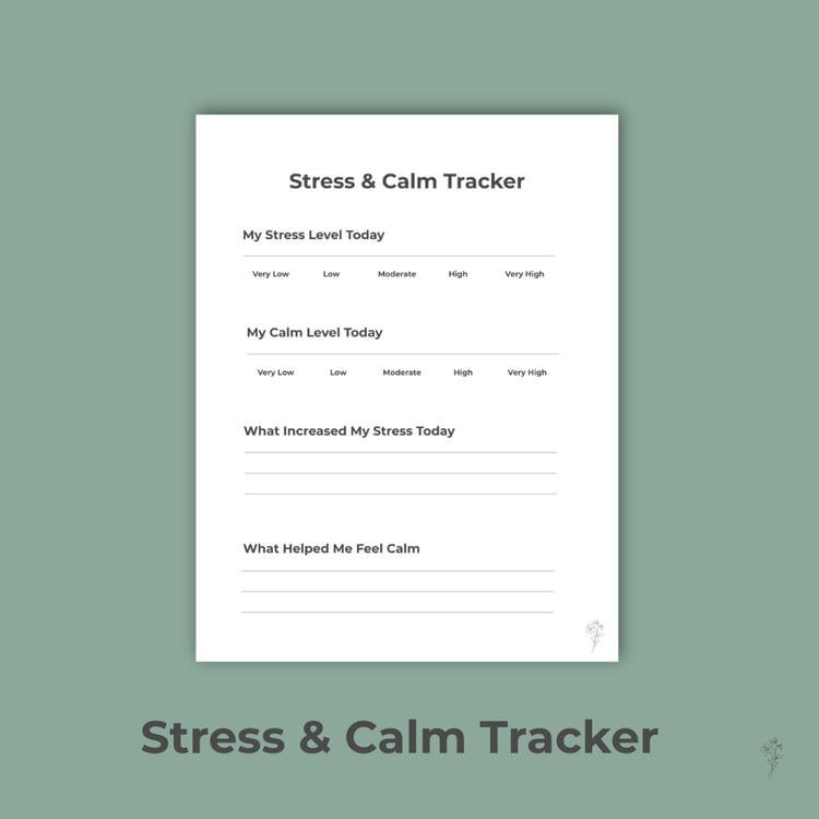 “Styled Stress & Calm Tracker printable with sage background and black borders.
