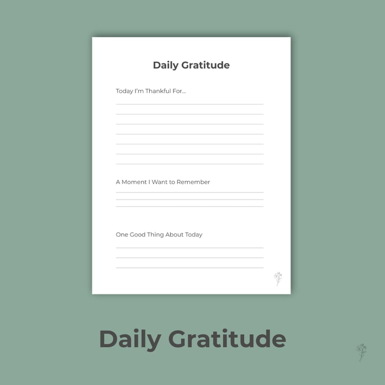 Styled Gratitude Page printable with sage background and black borders.