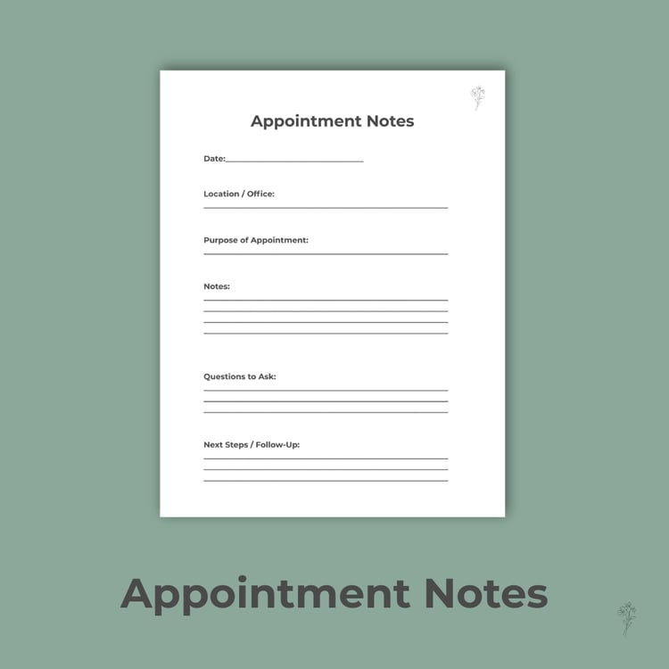 Styled Appointment Notes printable with sage background and black borders.