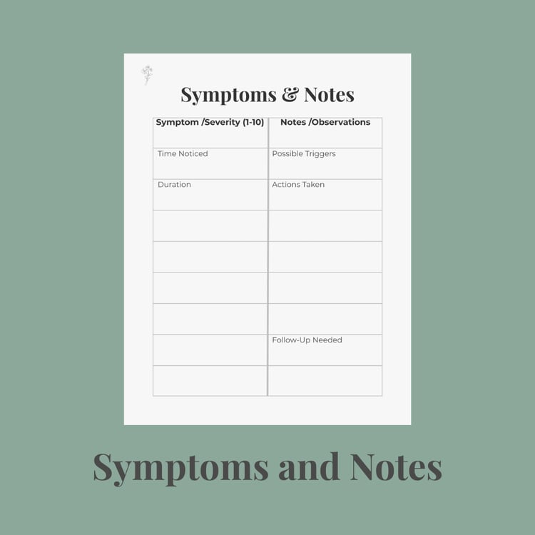 Symptoms and Notes printable with sage background and black borders.