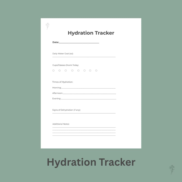 Hydration Tracker printable with sage background and black borders.