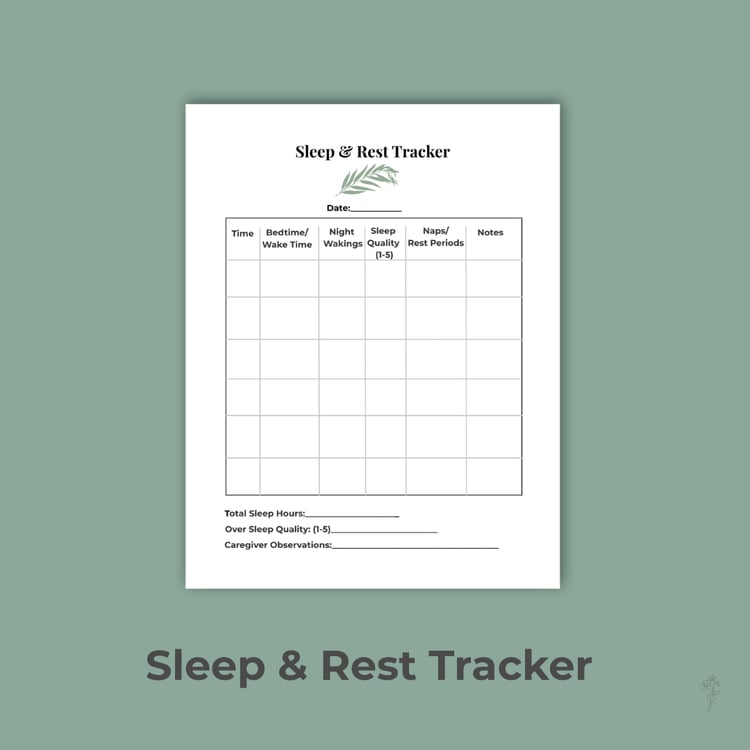 Sleep and Rest Tracker printable with sage background and black borders.
