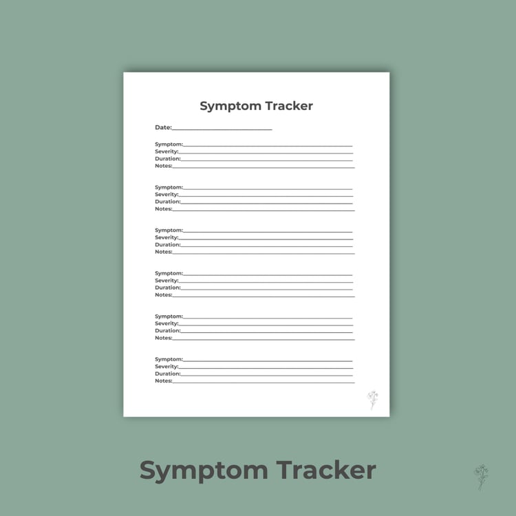 Symptom Tracker printable with sage background and black borders.