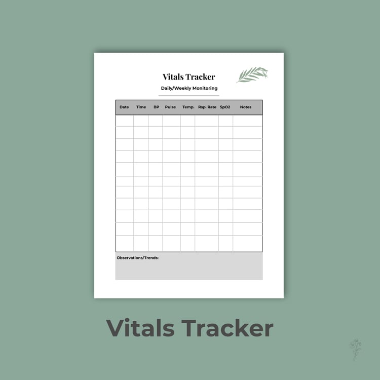 “Vitals Tracker printable with sage background and black borders.
