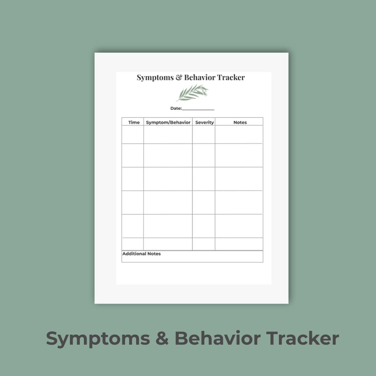 Symptoms and Behaviors Tracker printable with sage background and black borders.