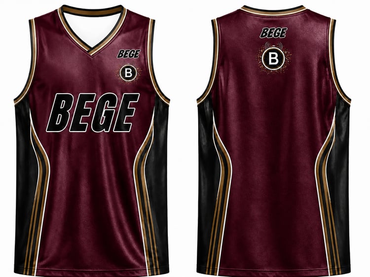 alt="BEGE Premium Basketball Singlet Burgundy and Black Edition front / back view showing athletic fit and breathable mesh fabric"