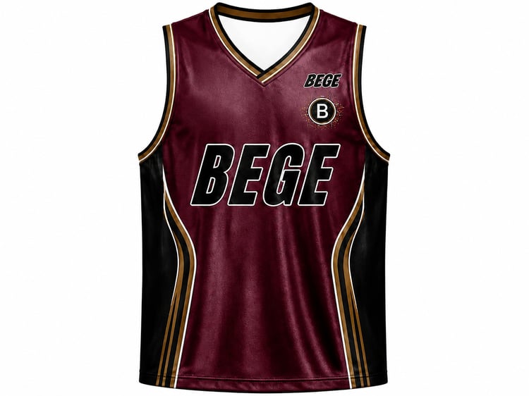 alt="BEGE Premium Basketball Singlet Burgundy and Black Edition front view showing athletic fit and breathable mesh fabric"