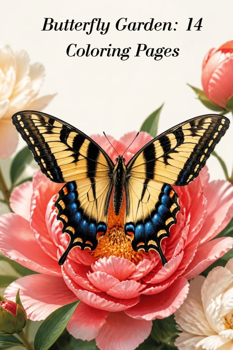 Butterfly Garden coloring book cover featuring a colorful swallowtail butterfly on a pink peony flower