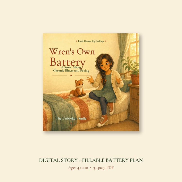 Cover of Wren's Own Battery with Wren and her knitted fox, labeled as a 33-page digital story with a fillable battery plan
