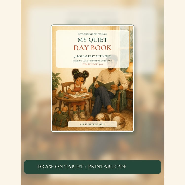 My Quiet Day Book cover shown on a tablet, labeled tablet-friendly and printable PDF