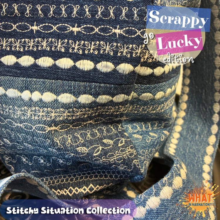 Handmade patchwork backpack from the “Stitchy Situation Collection: Scrappy Go Lucky Edition” displayed in a collage-style product carousel featuring denim patchwork, decorative stitching, scrappy fabric details, and textured upcycled materials. Made by What in Narnation