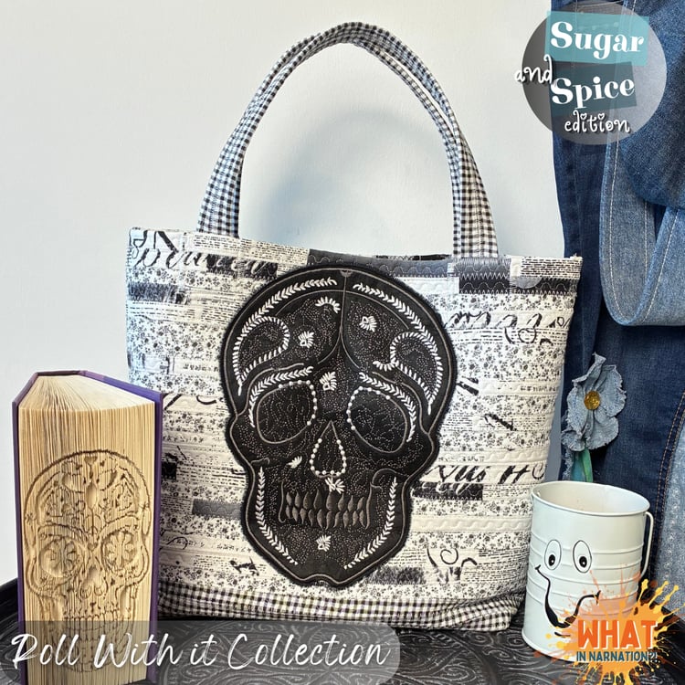 Handmade jelly roll tote bag from the “Roll With It Jelly Roll Bag Collection: Sugar & Spice Edition” displayed in a collage-style product carousel featuring black and cream strip piecing, decorative stitching, and a sugar skull applique. Made by What in Narnation