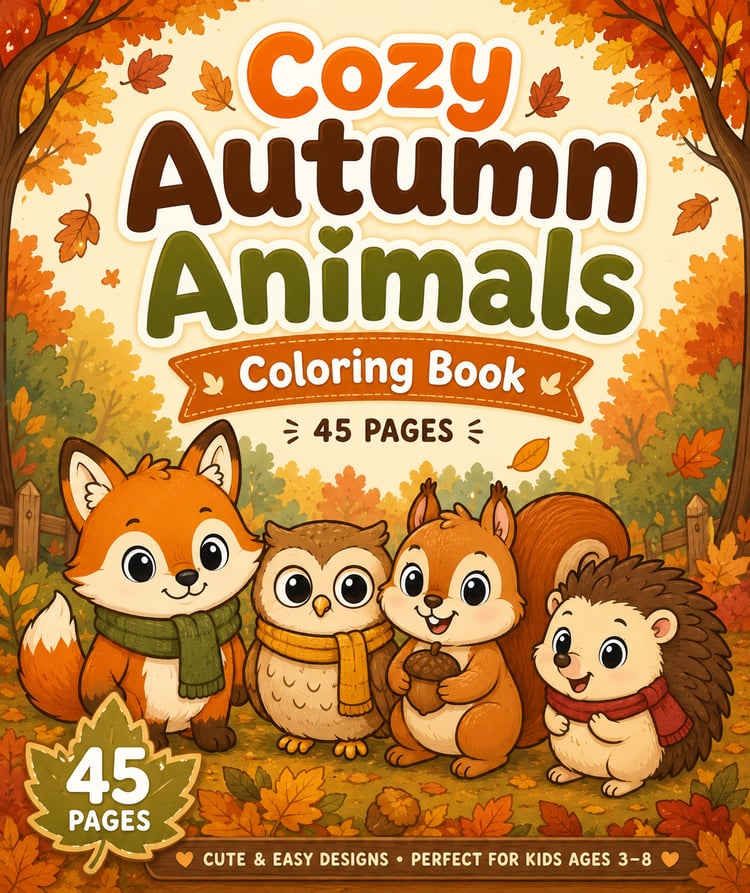 Cozy Autumn Animals Coloring Book cover featuring a fox, owl, squirrel, and hedgehog in scarves surrounded by fall leaves — 45 printable pages for kids