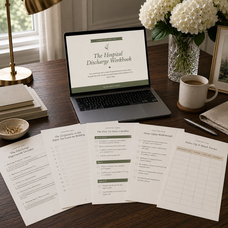 Hospital Discharge Workbook cover — a guide for adult children navigating a parent's hospital discharge alone, with checklists for the first 72 hours home