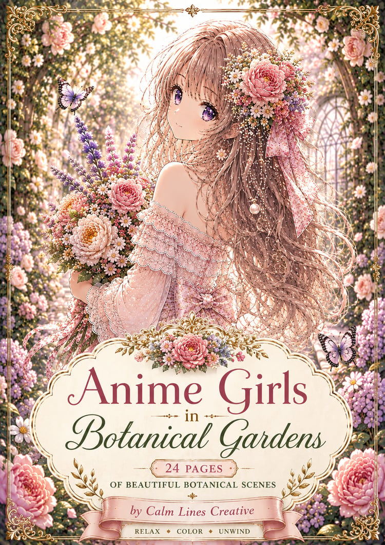 Anime Girls in Botanical Gardens printable coloring book cover featuring elegant anime girl, blooming botanical flowers, 24 relaxing coloring pages, instant PDF download in A4 and US Letter.