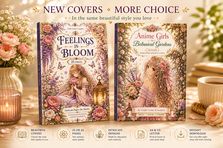 Botanical anime coloring book bundle mockup featuring Feelings in Bloom and Anime Girls in Botanical Gardens, 49 printable coloring pages, A4 & US Letter PDF, instant digital download for adults.
