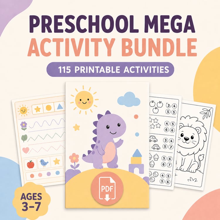 Preschool Mega Activity Bundle – 115 Learning, Counting, Coloring & Sticker Pages