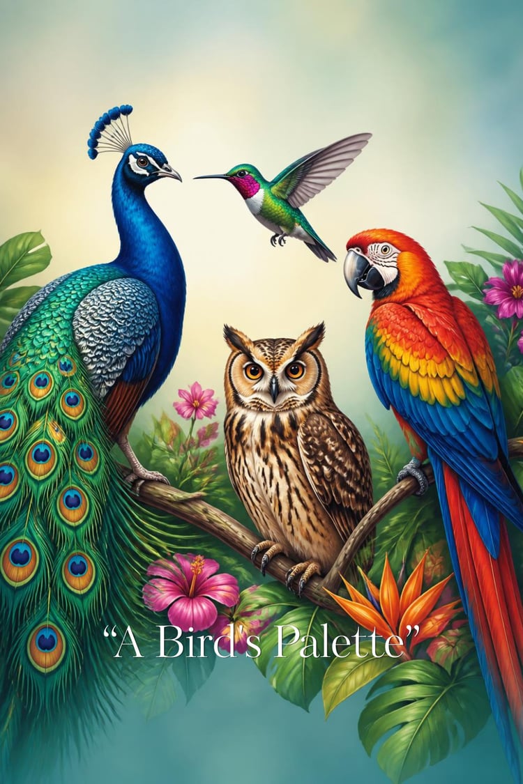 Colorful cover illustration of "A Bird's Palette" featuring a peacock, hummingbird, owl, and scarlet macaw perched together among tropical leaves and flowers