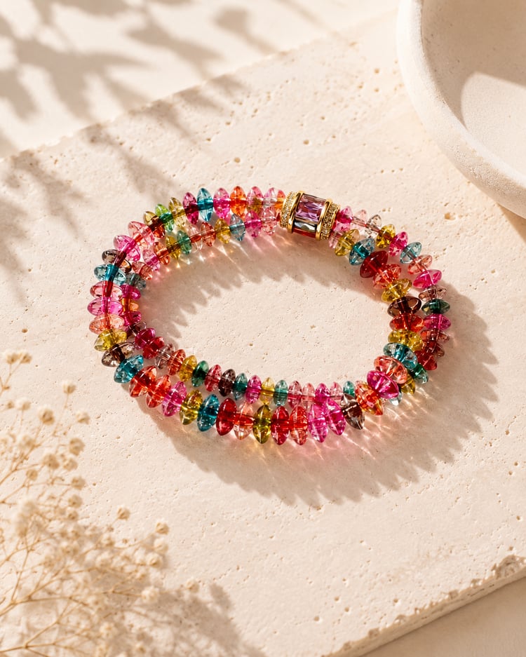 Primo piano del bracciale in tormalina naturale dell'Isola d'Elba con pietre multicolore e doppio giro.