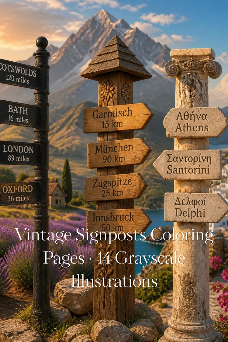 Colorful illustrated collection of vintage signposts from around the world, including an English fingerpost, Dutch paddenstoel, and Greek marble herm column, coloring pack cover