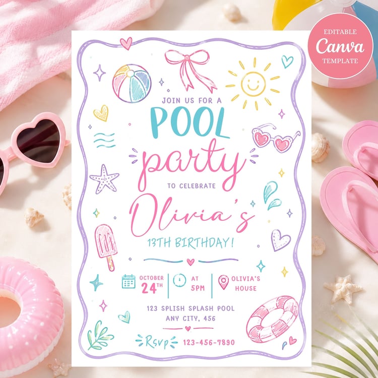 Editable girl pool party birthday invitation Canva template with colorful summer splash design, printable 5x7 birthday invite, instant digital download.