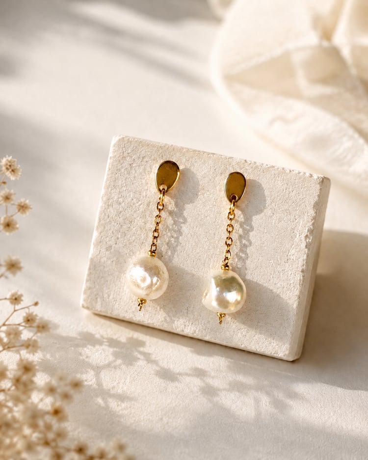Orecchini con perla bianca naturale da 8 mm e base color oro in acciaio inossidabile su espositore.