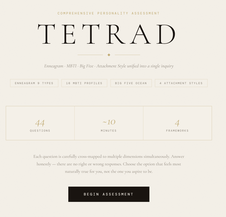 TETRAD A personality assessment covering MBTI, Enneagram, and Big Five in one pass.