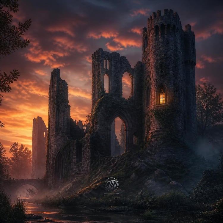 Dark atmospheric album cover art featuring ancient castle ruins silhouetted against a fiery sunset sky, with one glowing lit window.