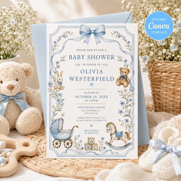 Blue baby shower invitation template featuring a vintage teddy bear, rocking horse, blue florals, and nursery toys. Editable Canva invitation for a baby boy shower, printable instant download.