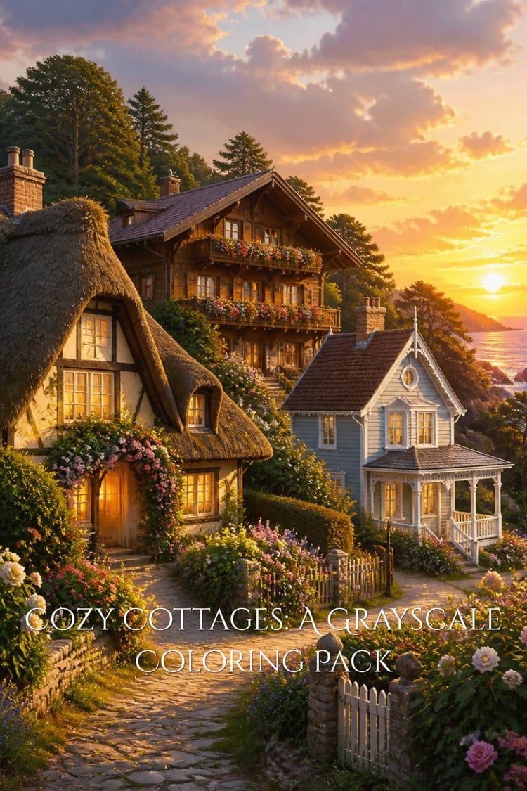 Alt-текст: Colorful illustration of charming European cottages including a thatched cottage, chalet, and coastal house at sunset.