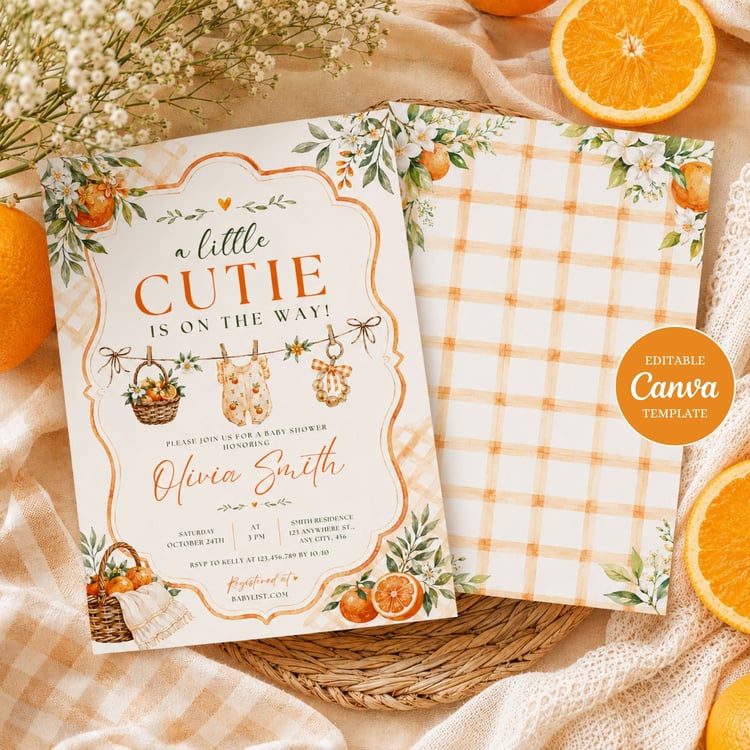A Little Cutie baby shower invitation editable Canva template featuring sweet citrus oranges, gender neutral design, printable instant download invitation.