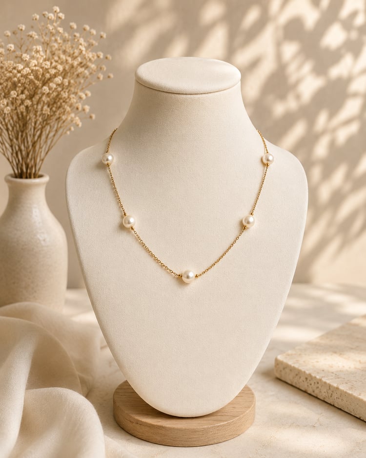Collana minimal in acciaio inossidabile color oro con perle di fiume naturali su manichino.
