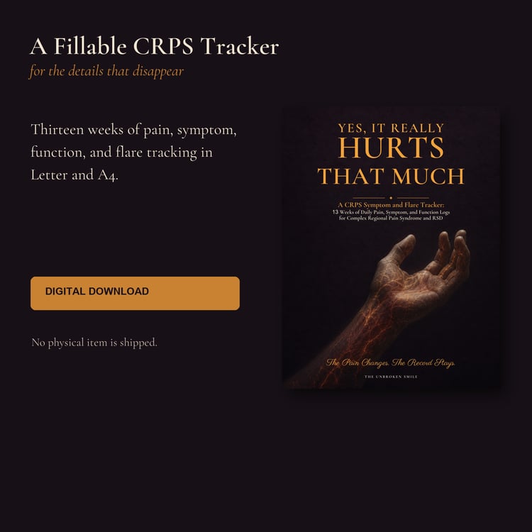 Digital cover of Yes, It Really Hurts That Much beside text describing a fillable CRPS tracker.