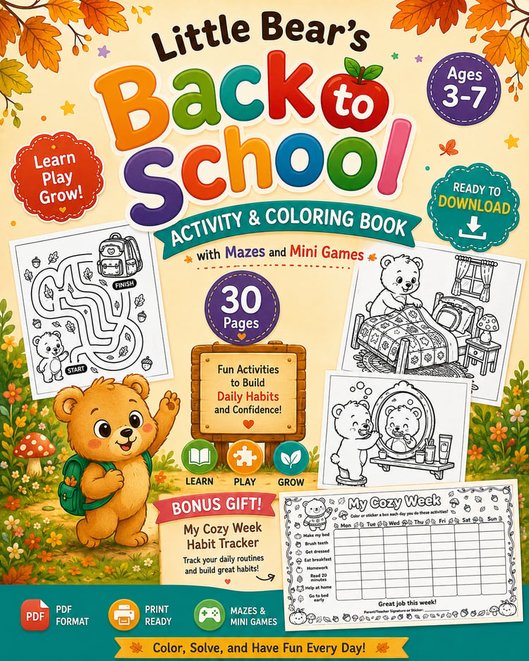 Here's an SEO-friendly alt text for your promotional image:  **Alt Text:**  > **Little Bear's Back to School Activity & Coloring Book printable PDF for kids ages 3–7 featuring 30 coloring pages, mazes, mini games, daily routine activities, a bonus weekly