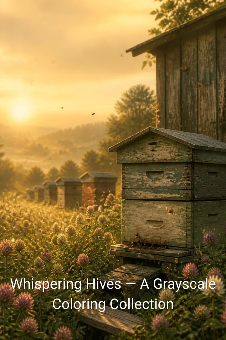 Cover illustration for Whispering Hives — weathered wooden beehives in a golden clover field at sunrise with bees in flight, grayscale coloring book by Road-Drawn Art.