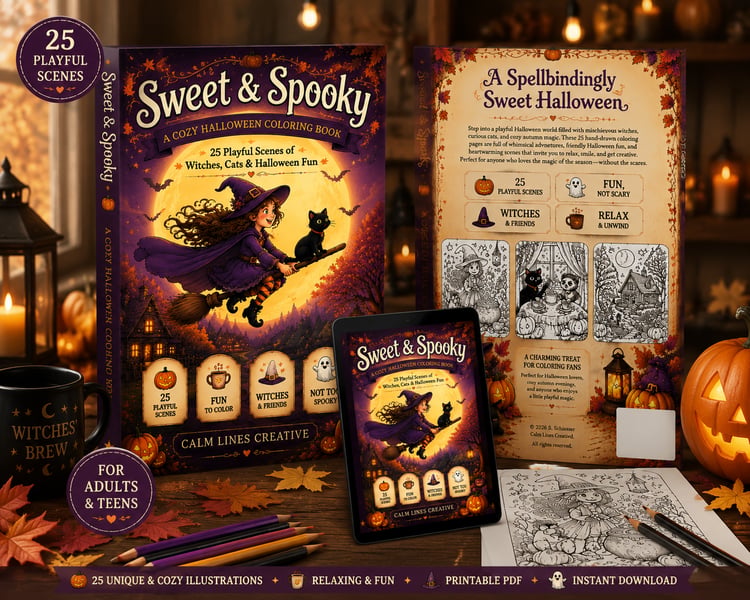 Sweet & Spooky Cozy Halloween Coloring Book printable PDF featuring witches, cats, pumpkins and playful autumn coloring pages for adults and teens.