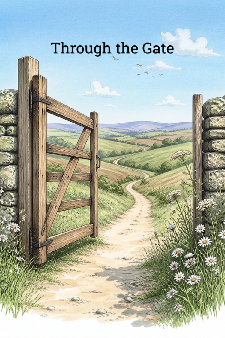"Through the Gate coloring book cover - rustic wooden farm gate opening onto rolling countryside hills"
