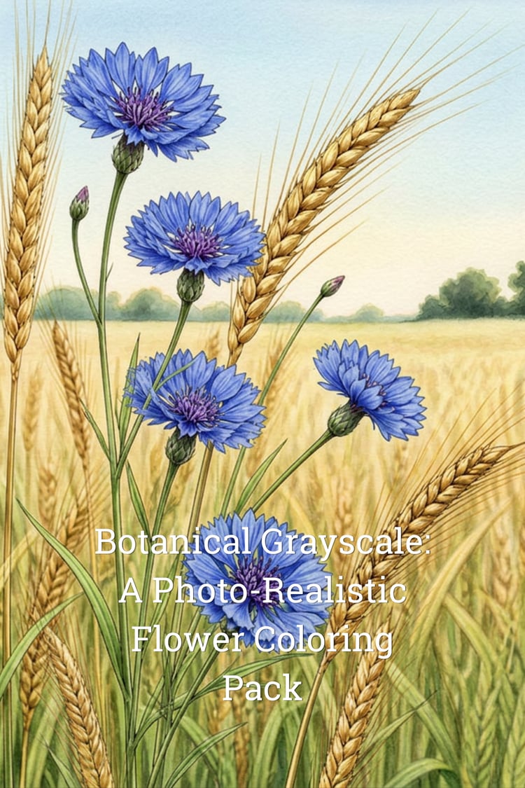 Colorful illustration of blue cornflowers and golden wheat, cover for a botanical grayscale coloring pack.