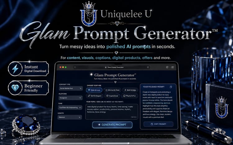 Glam Prompt Generator by Uniquelee U shown on a laptop with a sapphire blue and black luxury design.