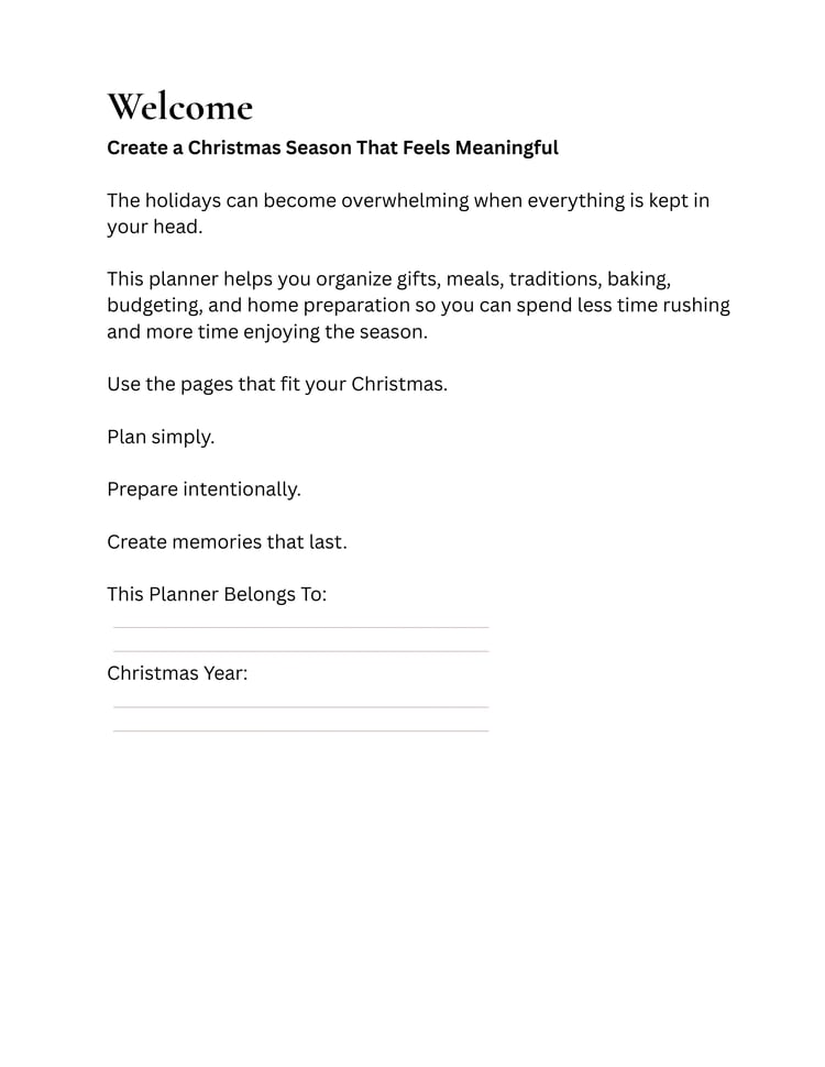 Inside the Homestead Christmas Planner printable PDF showing holiday planning worksheets, Christmas organization pages, and printable planning tools.
