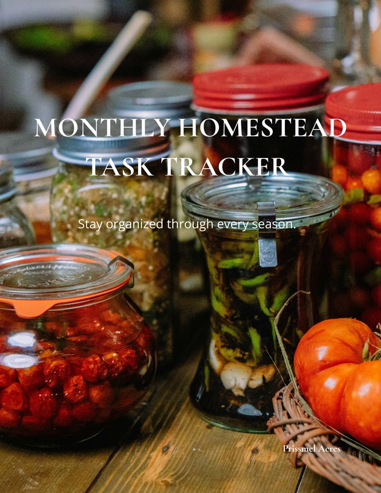 Monthly Homestead Task Tracker printable PDF displayed as a homestead planning resource for organizing seasonal chores, garden tasks, home maintenance, and monthly homestead responsibilities.