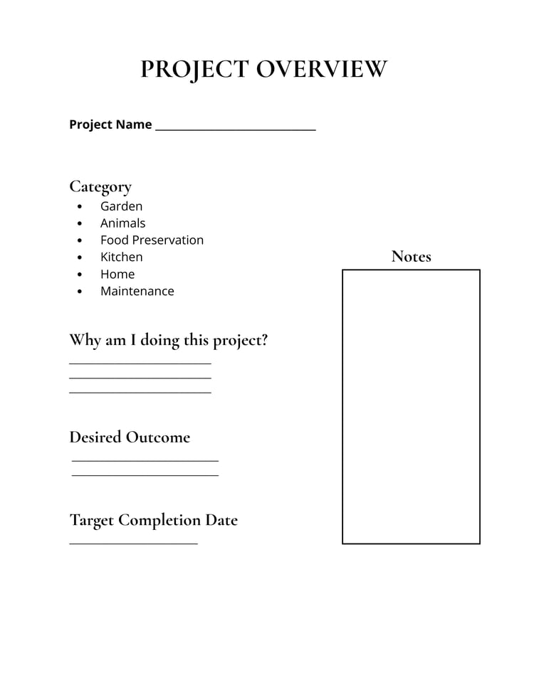 Inside the Homestead Project Planner showing printable project planning pages for organizing goals, materials, steps, and progress.