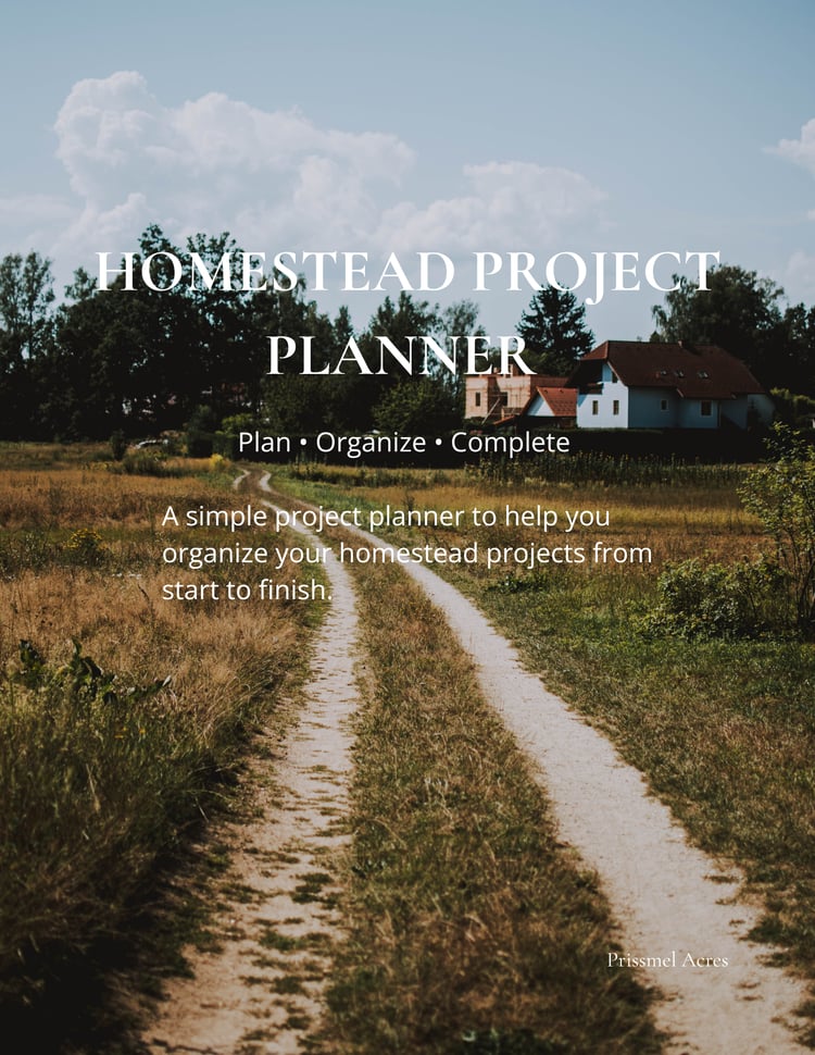 Homestead Project Planner printable PDF featuring rustic planning pages designed to organize garden projects, property improvements, DIY tasks, and self-sufficient living goals.
