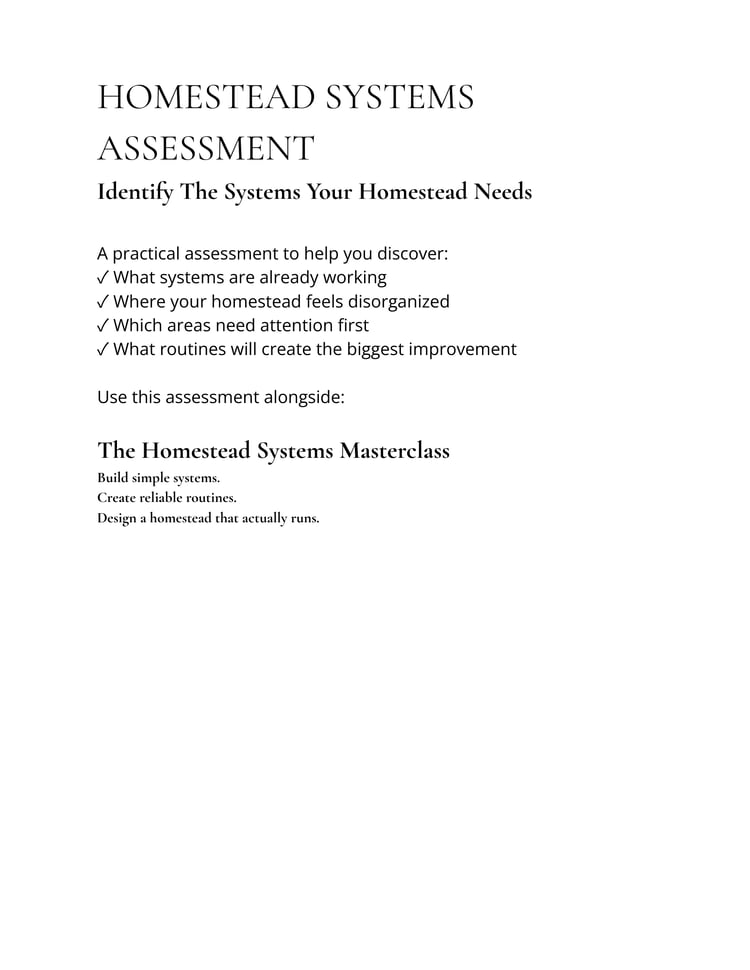 Inside the Homestead Systems Assessment showing printable evaluation pages for reviewing current homestead routines and systems.