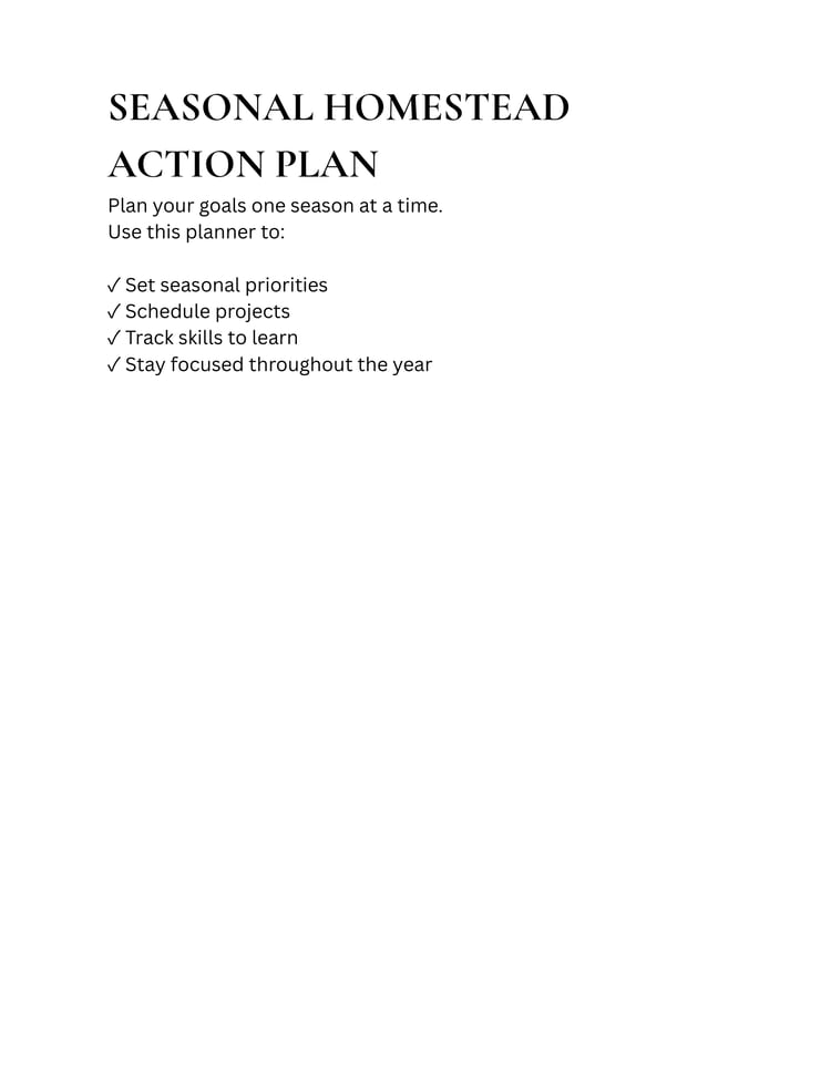 Inside the Seasonal Homestead Action Plan showing printable pages for organizing spring, summer, fall, and winter homestead priorities.