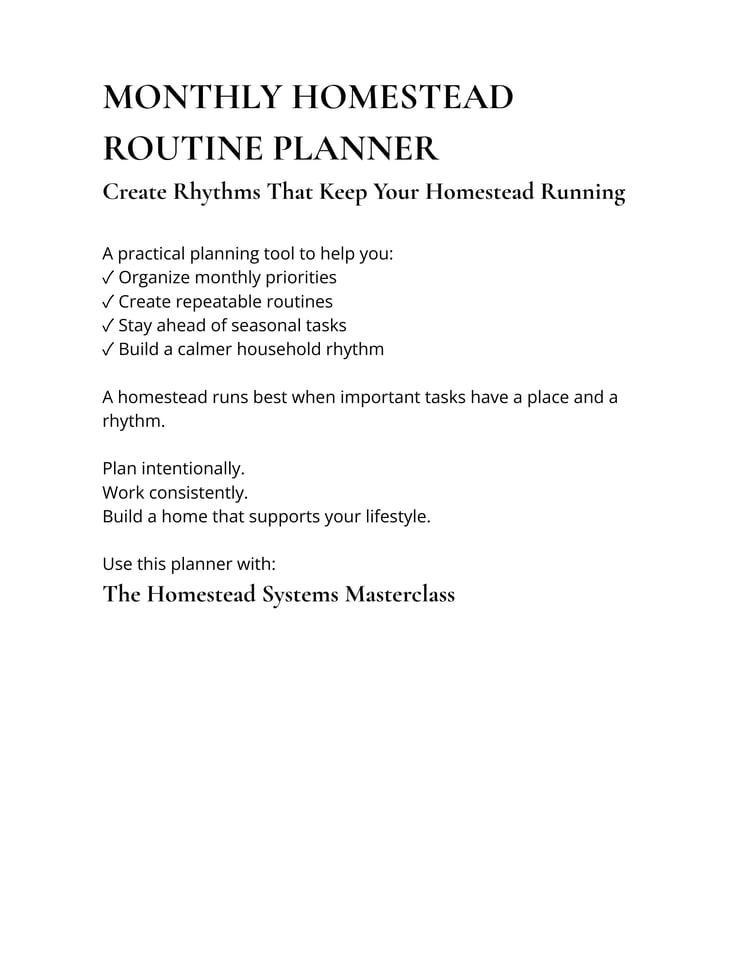 Inside the Monthly Homestead Routine Planner showing printable pages for creating organized monthly routines and household systems.